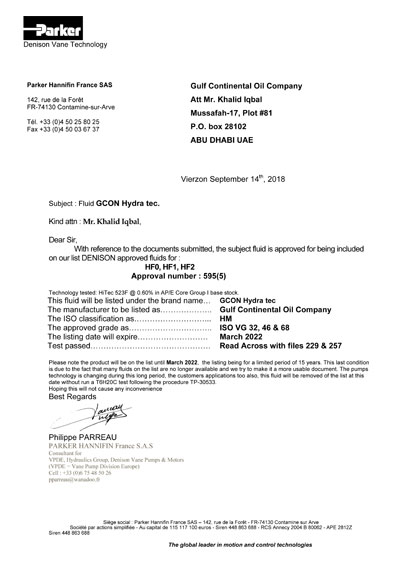 PARKER GCON HYDRATEC HYDRAULIC APPROVAL