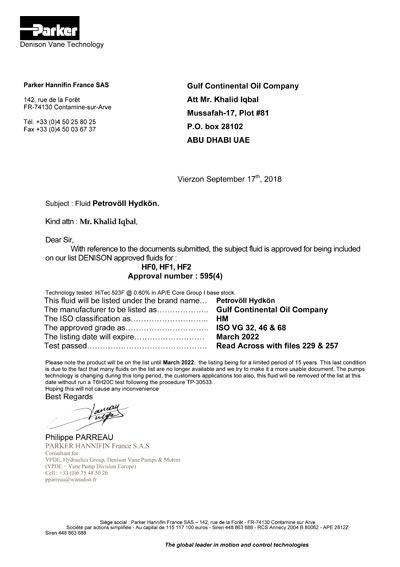 PARKER PETROVOLL HYDKON HYDRAULIC APPROVAL